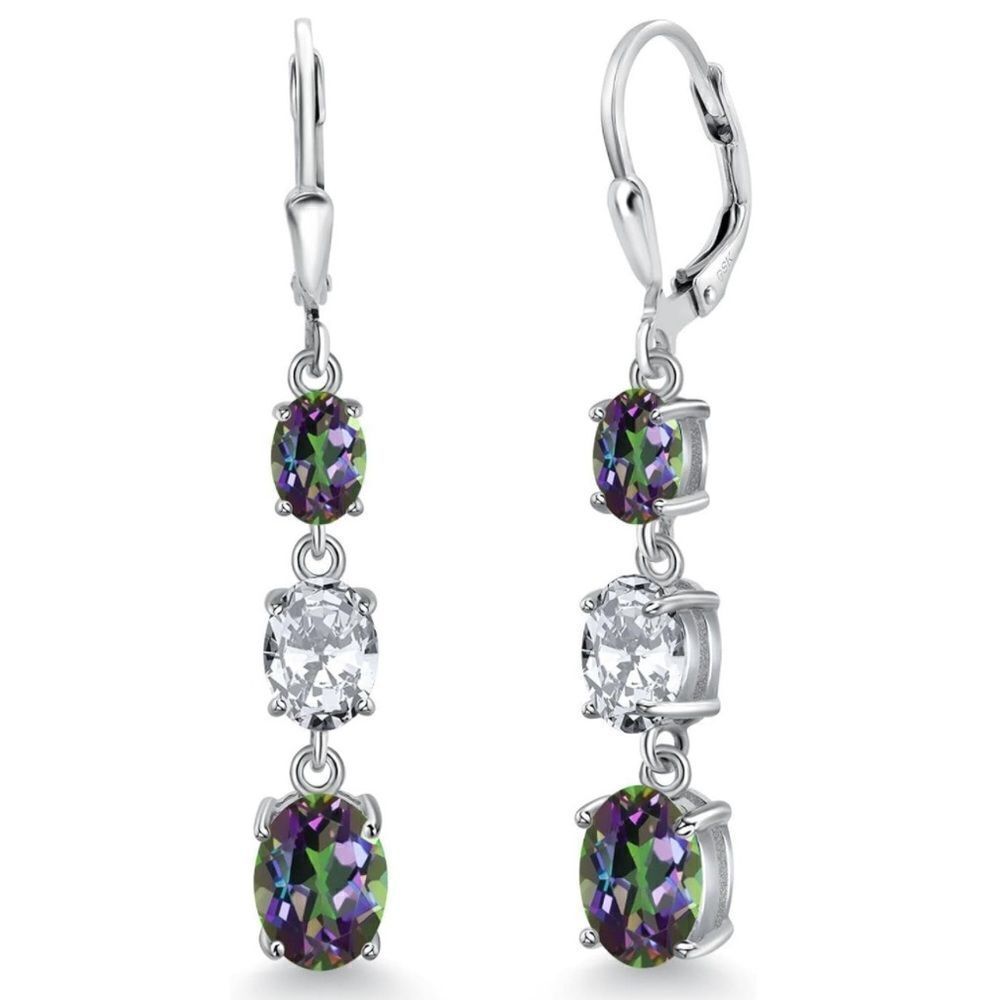 925 Sterling Silver 7.35 Cttw 3 Stone Green Mystic Topaz and Diamond CZ Earrings
